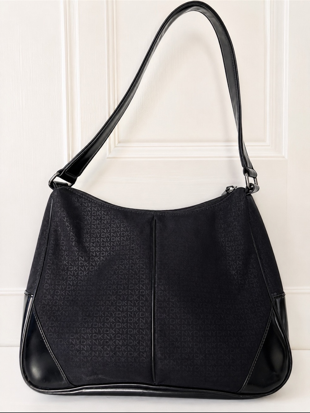 DKNY Black Jacquard Logo Shoulder Bag with Leather Trim